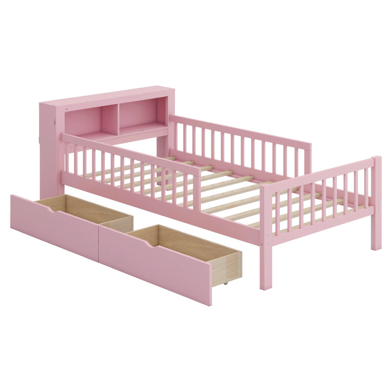 Lit avec support de tête de lit, deux tiroirs sous le lit, trois barrières de sécurité pour plus de sécurité, Rose