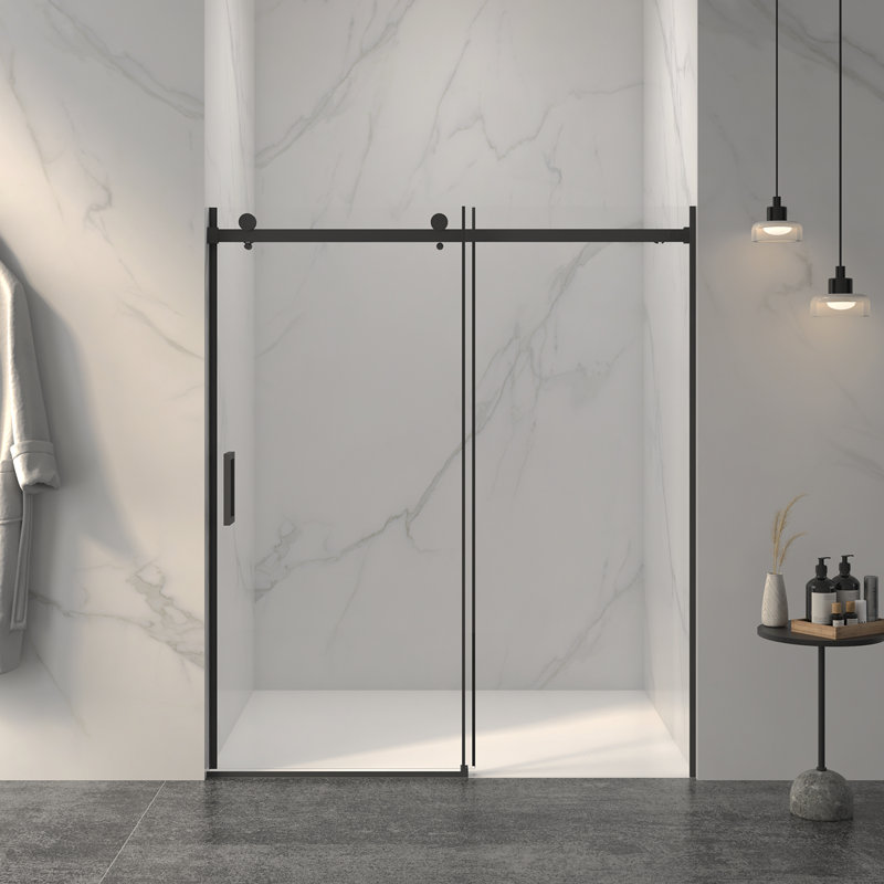 Porte de douche coulissante sans cadre l 56 à 60 po x H 72 po, verre trempé clair de 5/16 po (8 mm) de large épaisseur, couche facile à nettoyer à double face, fini noir mat avec tampon