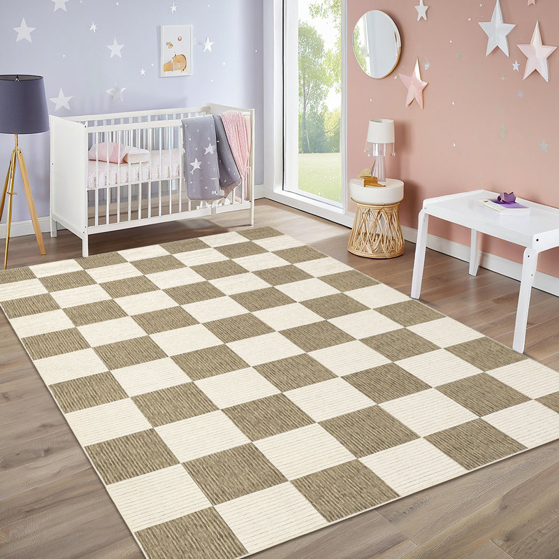 Tapis lavable en damier avec envers antidérapant, Beige, 5 x 7 pi