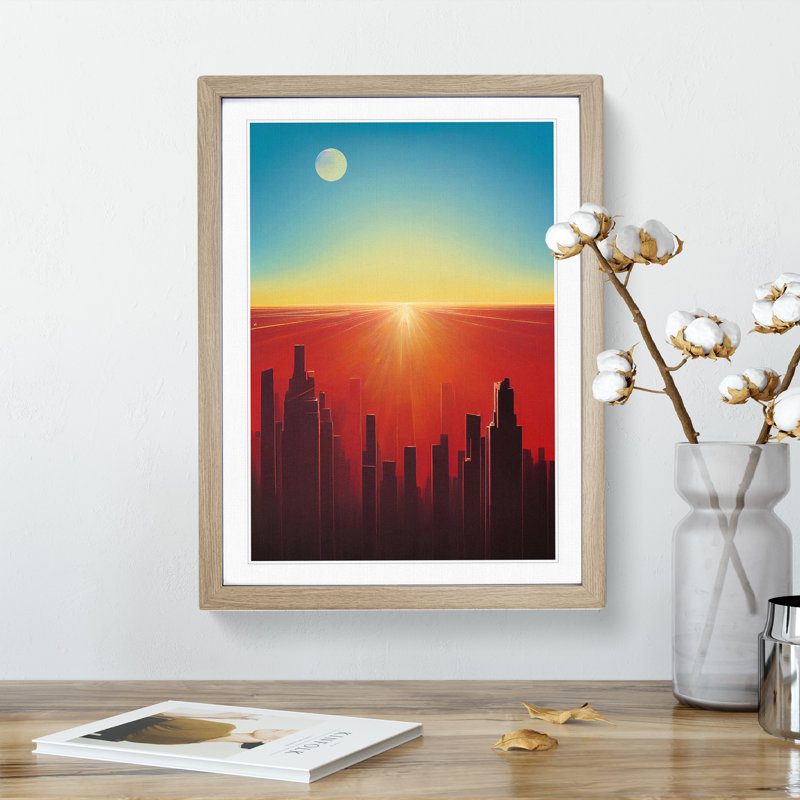 Beauteous City Skyline Abstract 1 Piece Single Picture Frame Wall Art, 64cm H x 46cm W x 2cm D, Oak Framed