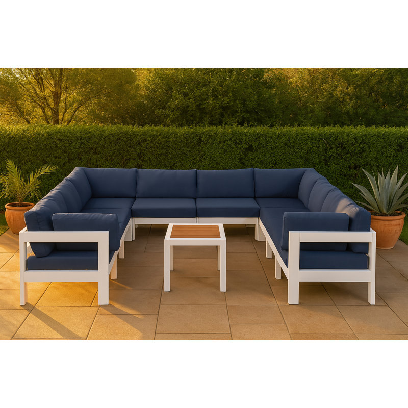 Layelle 150'' Wide Aluminum Patio Sectional with Cushions, White, Navy