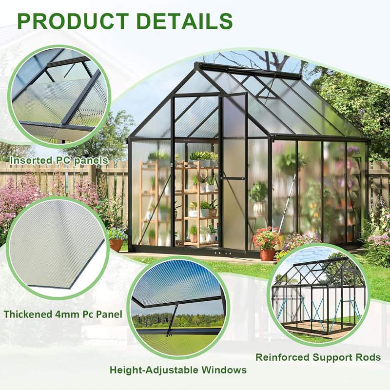 10 ft. x 18 ft. Walk-In Polycarbonate Greenhouse with Roof Vent, Black, 10x18 FT