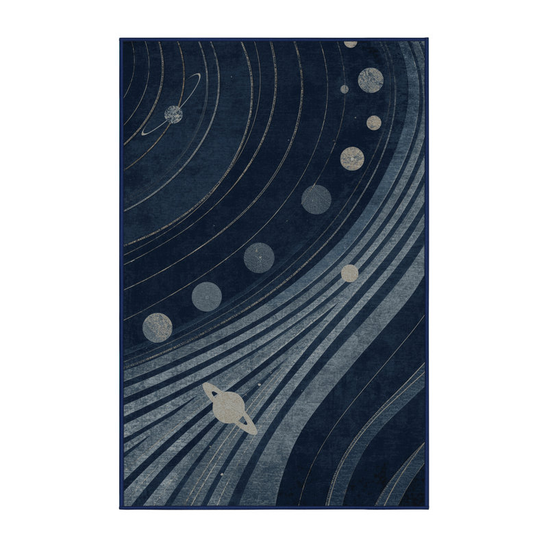 Tapis art déco lavable à la machine Pavlo en gris - reliure marine, 7 x 9