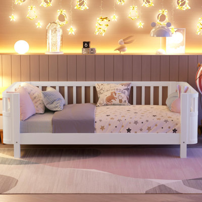 Lit plateforme en bois pour enfants, lit double en bois à profil bas avec rails pour filles et garçons, blanc (conception brevetée)