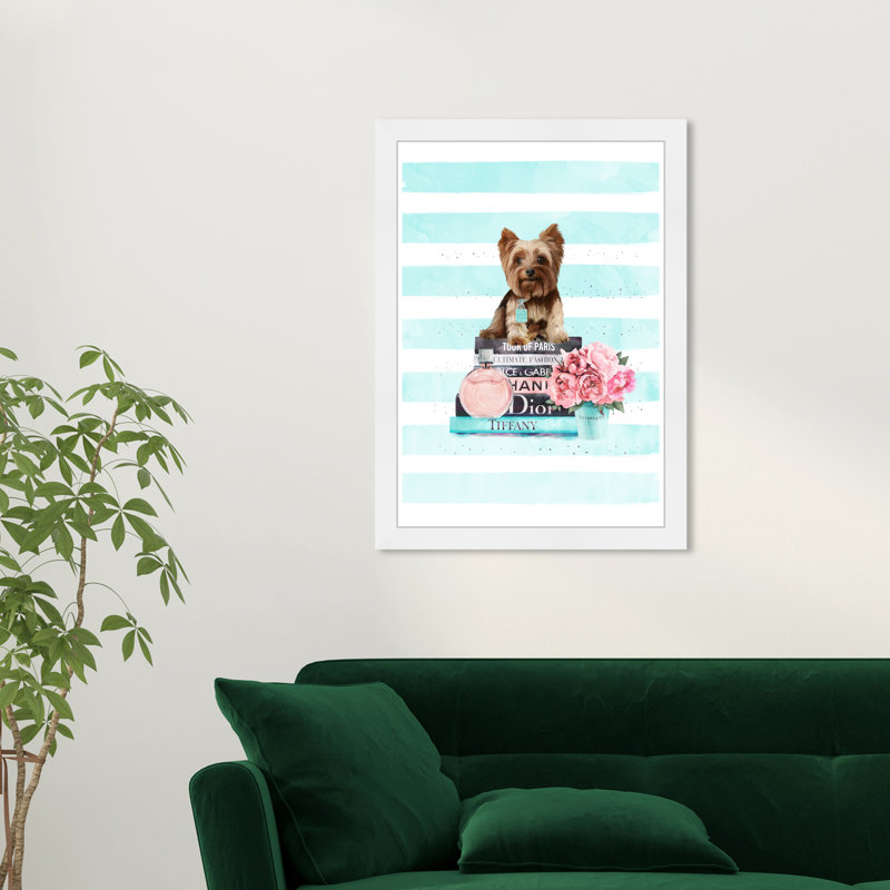 «Yorkie Mint Blue», impression encadrée, Cadre blanc