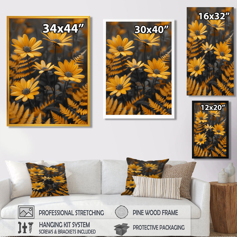Monochromes jaunes et gris, fougères, beauté I - marguerite, impression d'art mural, H 20 po x l 12 po x P 1 po