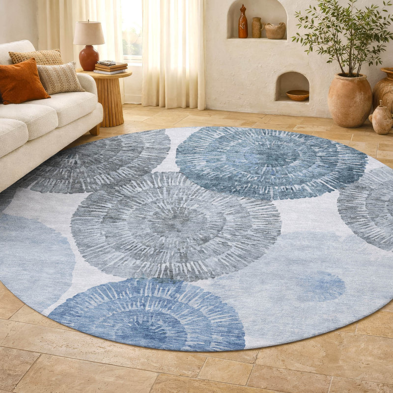 Premium Machine Washable Mayfield AMF2351 Abstract Rug, Denim, 8' Round