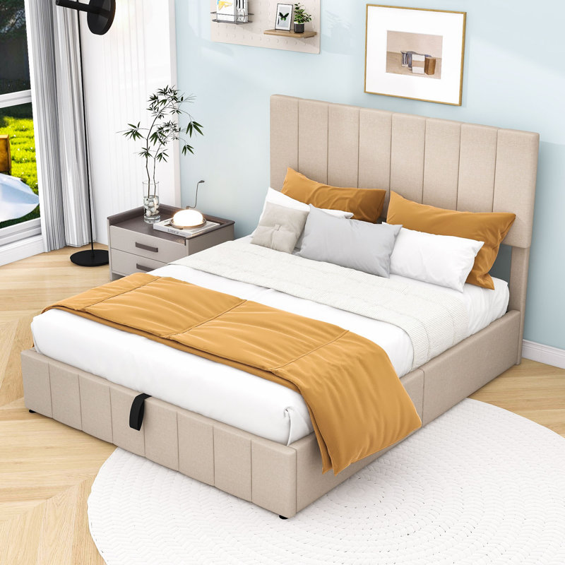 Lit plateforme, cadre de lit en bois avec système de rangement hydraulique, Grand, Beige