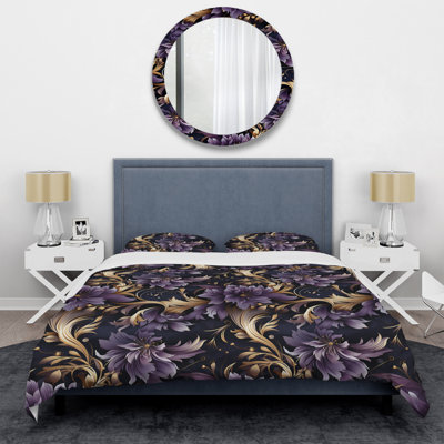 Ensemble de housse de couette glamour à motif damassé doré et mauve I
