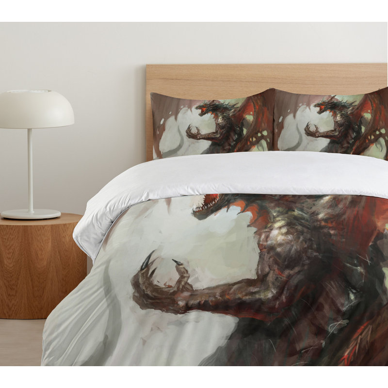 King Size Grey Red Dragon Mythological Duvet Cover Set