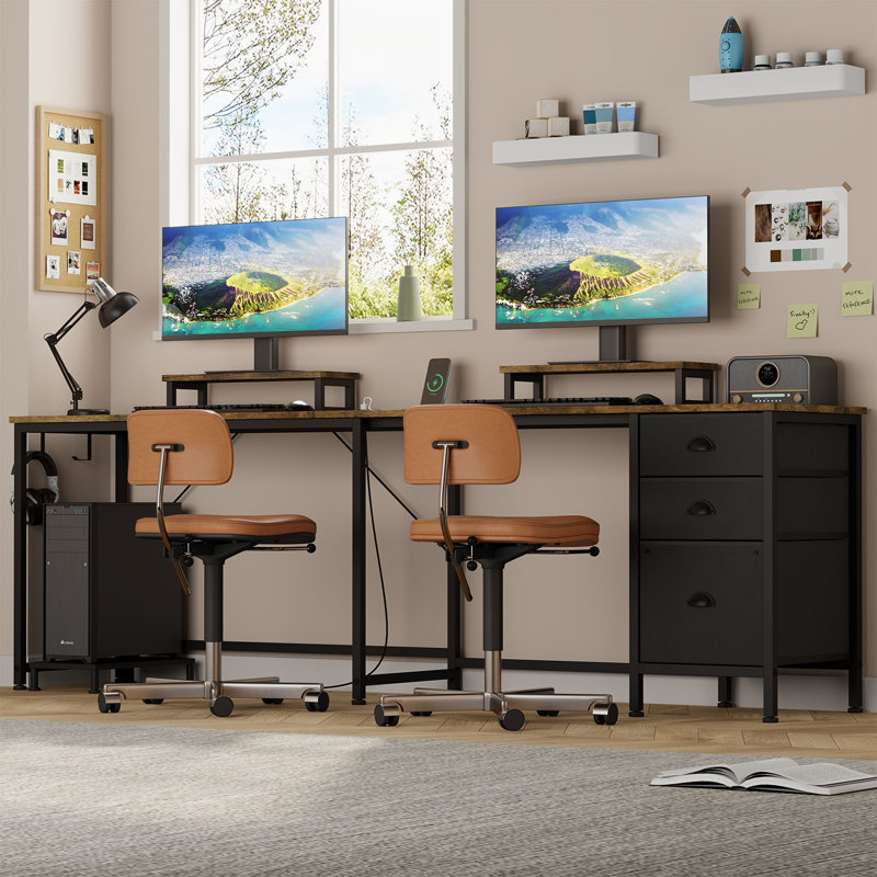 Morihisa L Shaped Desk, 94.5" Reversible Computer Gaming Desk With 3 Drawers, Corner Desk With 2 Monitor Stand, Home Office Desk Workstation