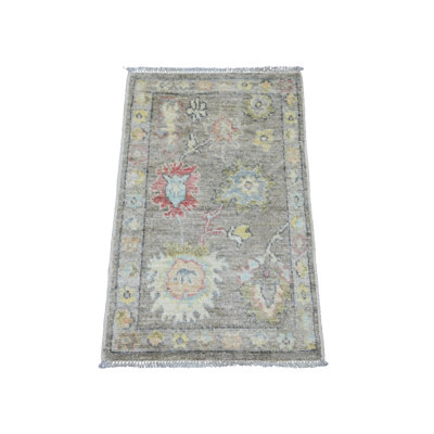 2'x3'2" Walnut Brown, Afghan Angora Oushak with Soft Leaf Design, Pure Wool, Hand Knotted, Vegetable Dyes, Mat, Oriental Rug