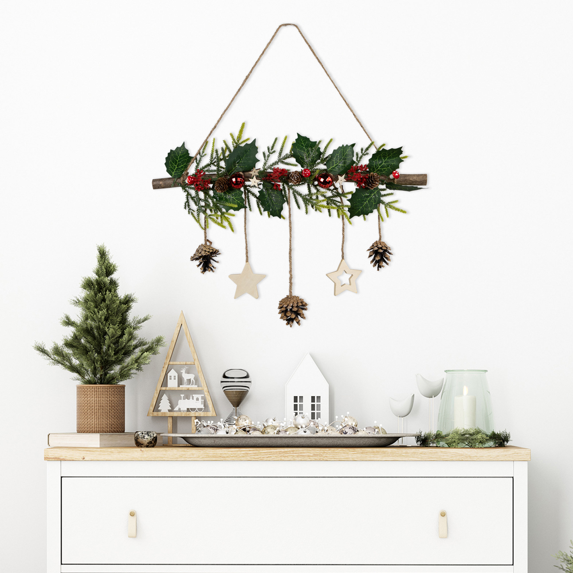 Northlight Seasonal Holly Branch With Stars And Pinecones Christmas ...