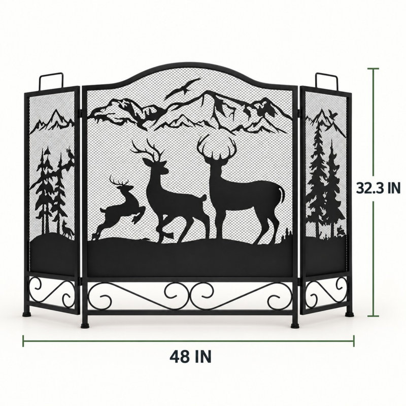 Pare-feu en fer forgé à 3 panneaux de 48 pouces avec motif de cerf et panneaux en maille pliables