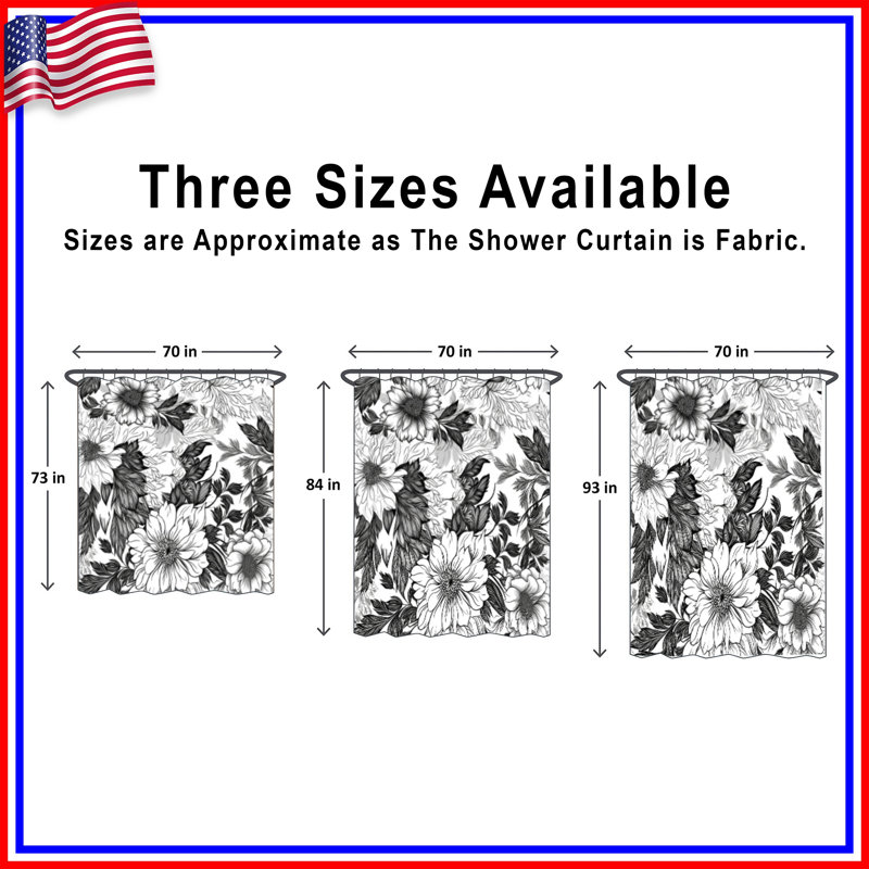 Rideaux de douche noirs et noirs à motif floral extra longs, L 70 po x H 84 po