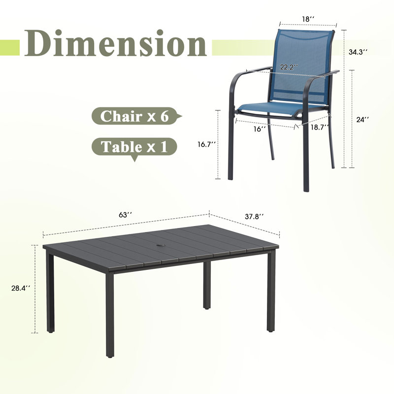 Ensemble de salle à manger rectangulaire pour 6 personnes avec chaises empilables Textilene, Noir / Bleu