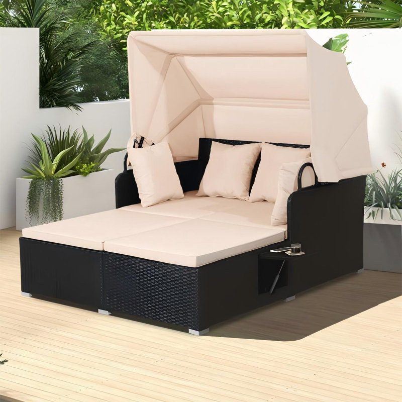 60.5 In. L X 65 In W PE Rattan Patio Daybed With Cushions Retractable Canopy, Beige
