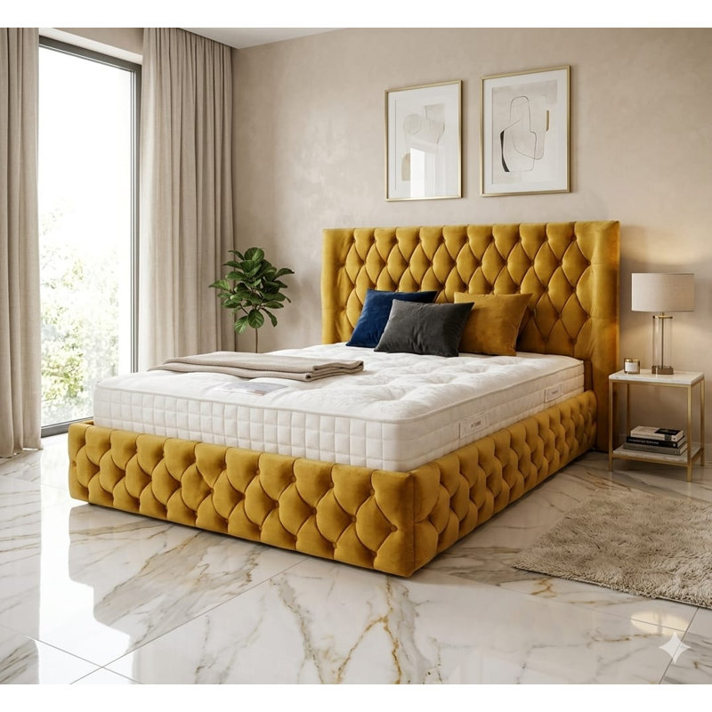 Chesterfield Upholstered Winged Bed Frame, Mustard Gold, Plush Velvet, 5FT( King Bed)