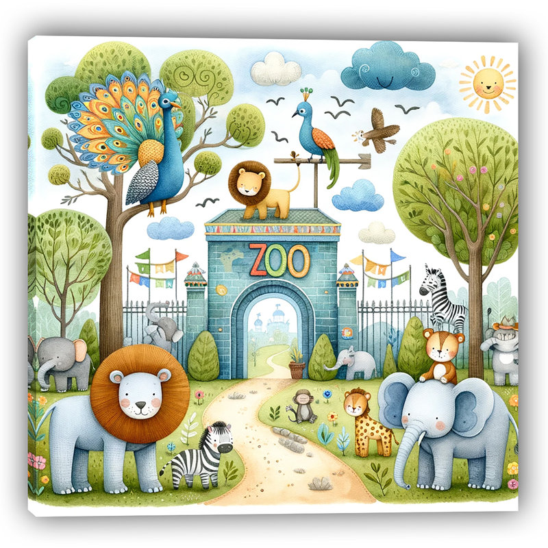 «Sunny Day Safari: Whimsical Zoo Gate», reproduction sur toile, H 12 po x l 12 po
