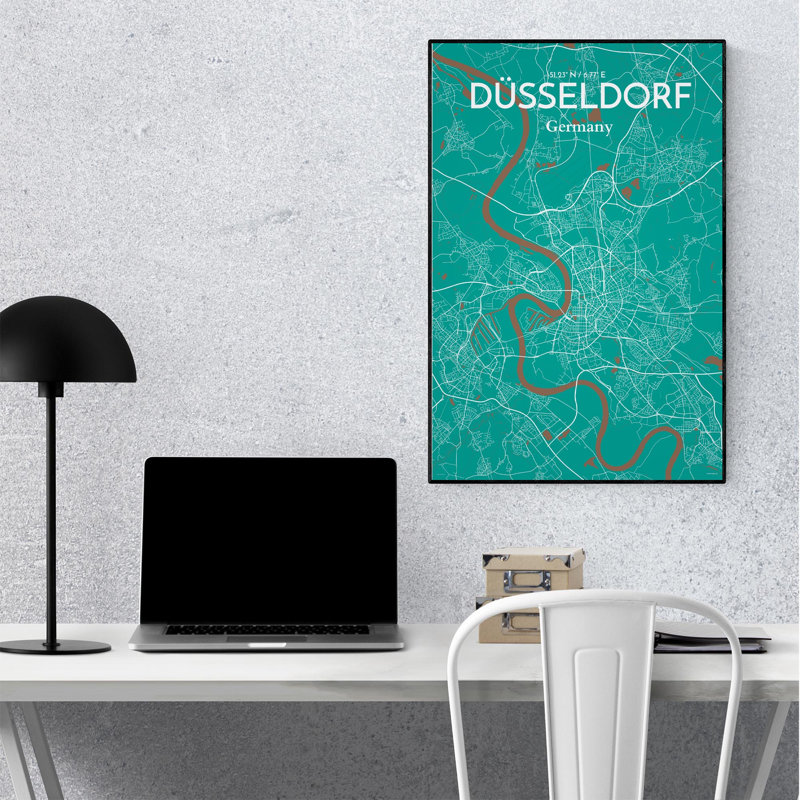 Impression sur carte de la ville de Dusseld, H 36 po x l 24 po, Vert / Brun
