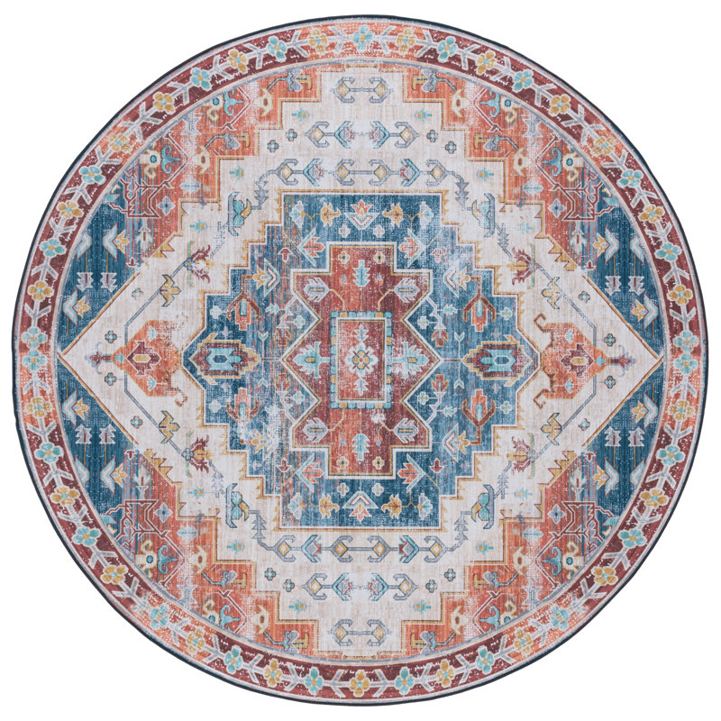 Tucson Vintage Look Machine Washable Non-Slip Area Rug in Rust & Blue, Round 183 cm