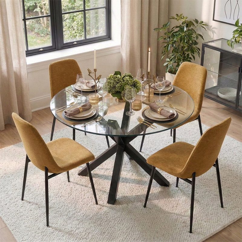 4 - Person Dining Table Sets With Glass Round Table & 4 Upholstered Chenille Chairs, Gold