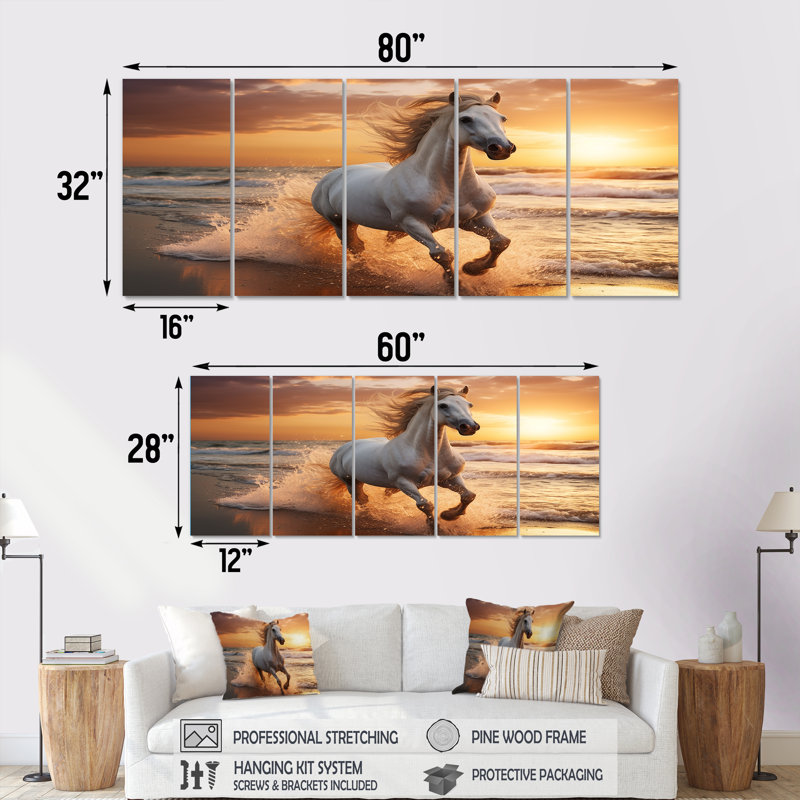 Cheval sauvage qui court sur la plage II - plage, ensemble d'art mural 5 pièces, H 32 po x l 80 po