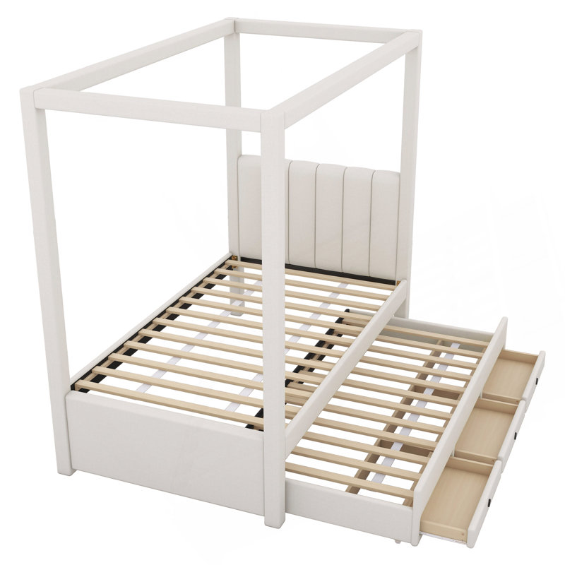 Lit plateforme à baldaquin avec lit gigogne et trois tiroirs de rangement, beige, Lit simple