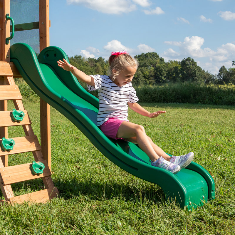 Backyard Discovery Buckley Hill Cedar Wood Swing Set with Wave Slide, Play Deck, Rock Wall Ladder, and Chalkboard