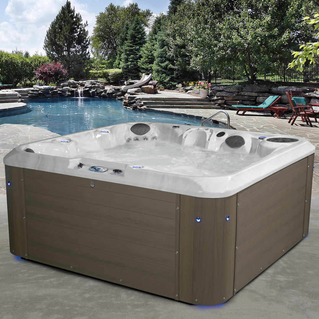 Amplified™ 6-Person 100-Jet Double-Lounger Hot Tub Spa with Bluetooth Stereo, 3 Pumps, LED Lighting, Stainless Steel Heater and Ozonator, Insulated Cover and Steps Included Aqualife® by Strong Spas® 