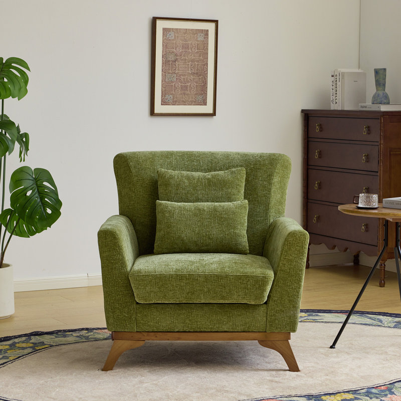 Mid-Century Modern Chenille Accent Arm Chair Lounge Chair Single Sofa with Solid Wood Base Frame, Vert