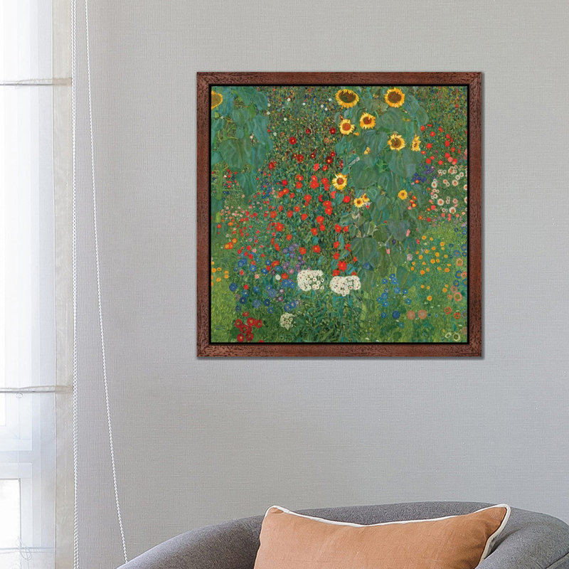 Farm Garden With Sunflowers, 1905-06 by Gustav Klimt - Wrapped Canvas Painting, 93.98 cm H x 93.98 cm W, Brown Framed
