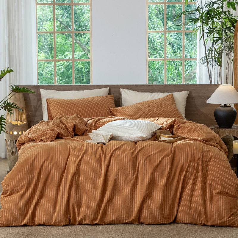 Ensemble de housse de couette à rayures 100% coton lavé MooMee, Housse de couette pour très grand lit et 2 taies 