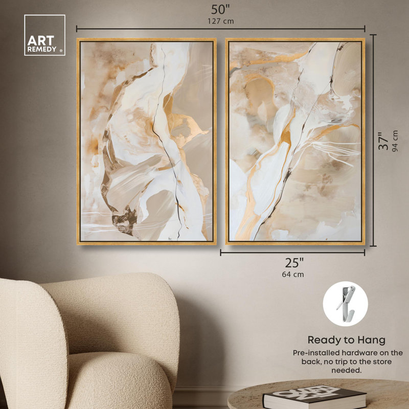 Ensemble de 2 reproductions sur toile Luxe , Impression dans un cadre flottant sans passe-parto, H 37 po x l 25 po, Doré