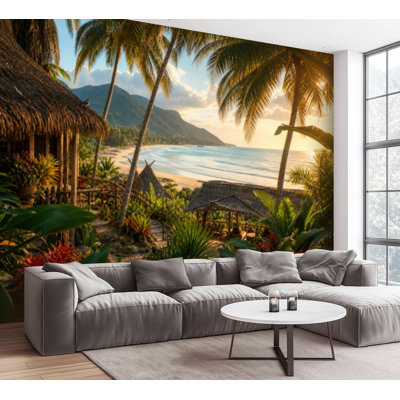 Wall Mural Peel and Stick Wallpaper Polynesian Beach Hut Self-Adhesive Removable Contact Paper Wall Decor for Living Room Bedroom 100"H x 144"W