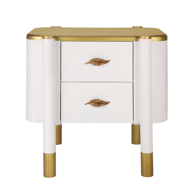 Table de chevet blanche moderne à 2 tiroirs avec poignées en métal pour la chambre à coucher