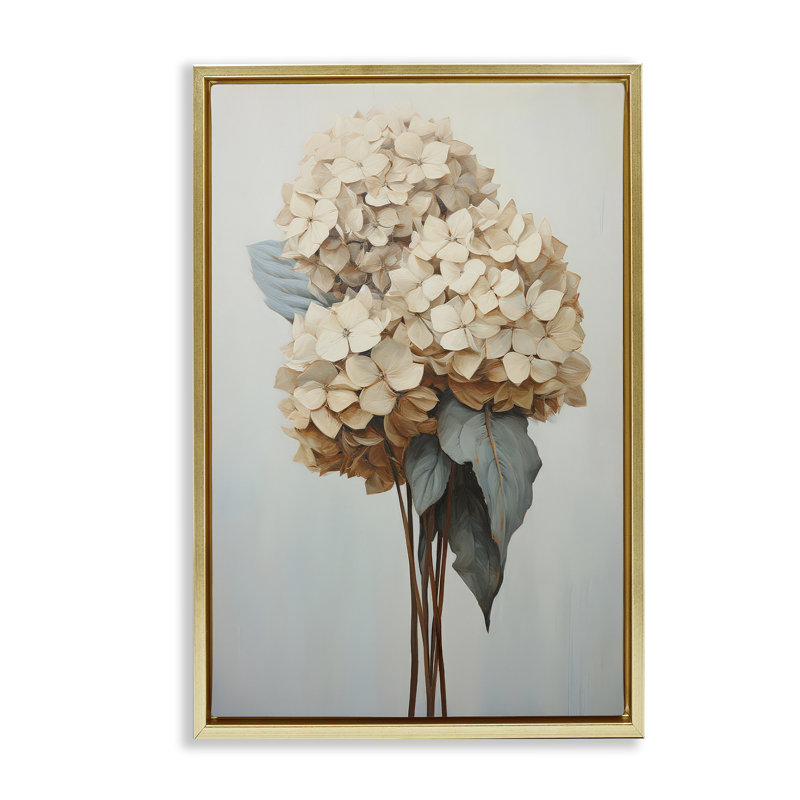 Toile flottante rétro avec fleurs d'hortensia rétro par Petals Prints Design, Cadre flottant métallique doré