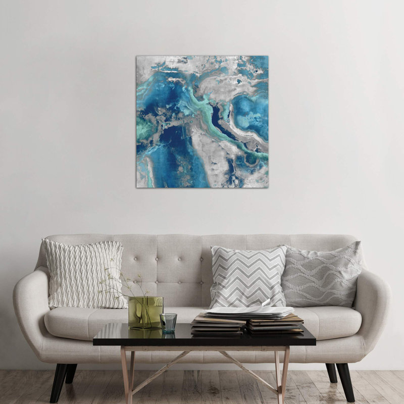 Stone with Blue and Aqua 1 Piece Wall Art on Canvas, 93.98 cm H x 93.98 cm W, White Floater Framed