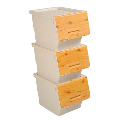 3 bacs de rangement sur roulettes avec couvercle ouvert pour garde-robe de cuisine