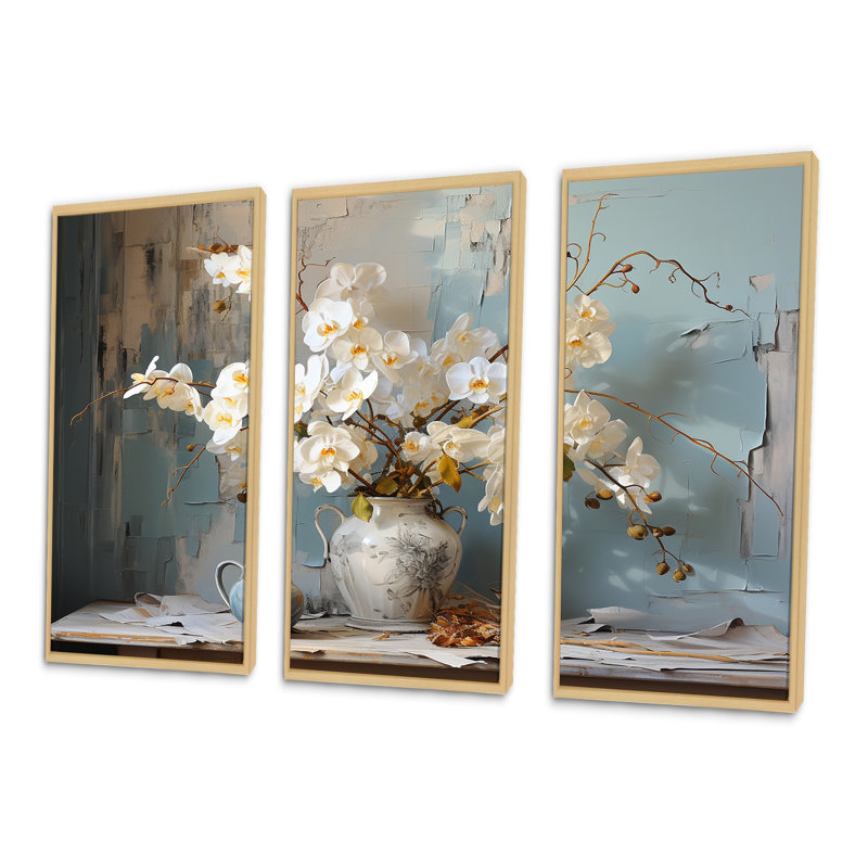 «White Orchids Farmhouse Still Life», ensemble de reproductions d'art mural orchidées, H 40 po x l 60 po x P 1 po