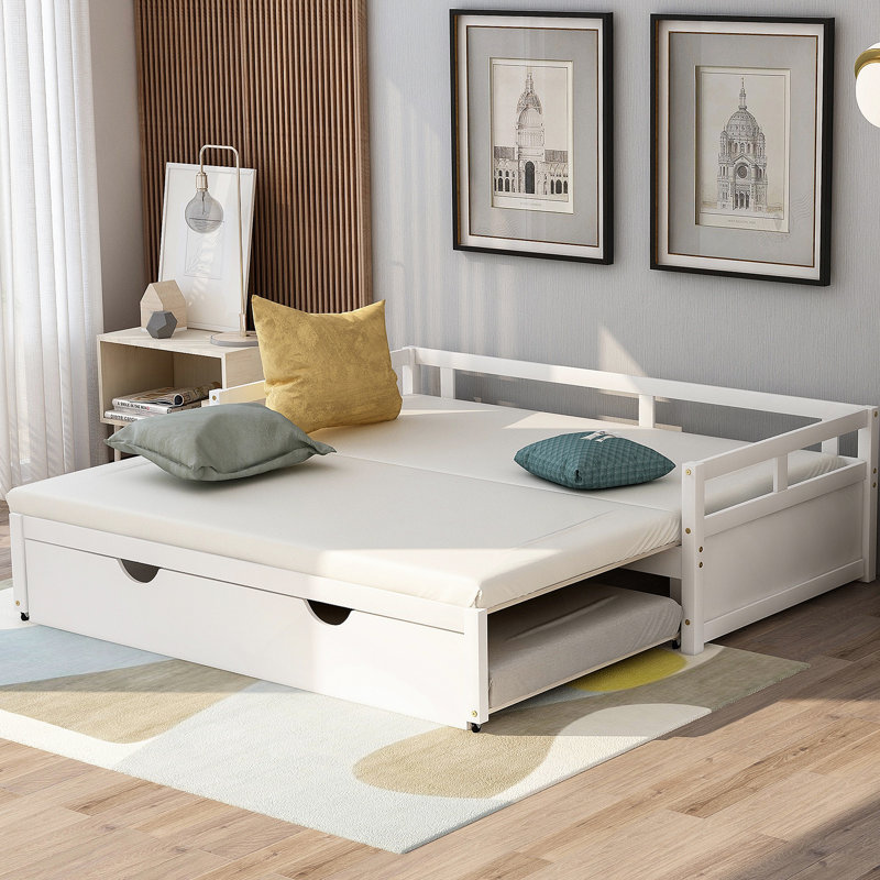 Lit de jour extensible avec couchette, lit de jour en bois avec couchette, Blanc