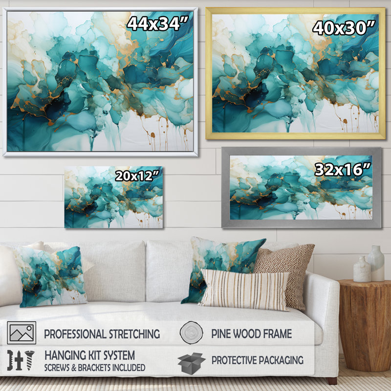 «Pizzo» sarcelle, or, fractale abstraite, mystique, mirage III, impression sur toile, H 34 po x l 44 po, Toile tendue