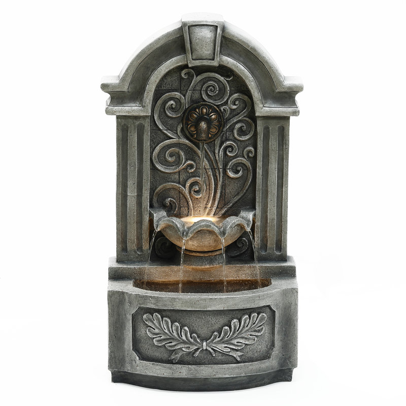Ambre 29.7" H Gray Resin Elegant Wall Freestanding Outdoor Water Fountain with Lights
