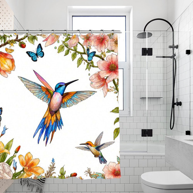 Rideau de douche à colibri et floral pour salle de bain, 71 x 71