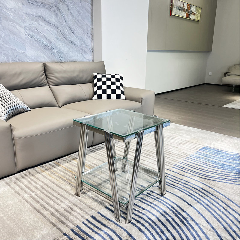 Table de bout carrée 20 pouces, table de bout moderne en acier inoxydable, table basse en verre trempé transparent à deux couches, table d'appoint avec rangement, pour bureau à domicile, argent