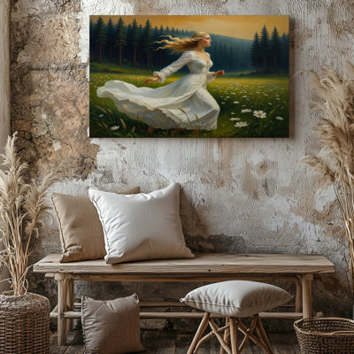 Beautiful Woman In White Dress Running Through Flower Field Canvas Wall Art Print For Living Room, Bedroom, Office, Hallway, Entryway, Gallery Wall And Modern Home Decor