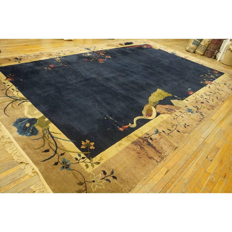 Tapis bleu antique en laine Art Deco