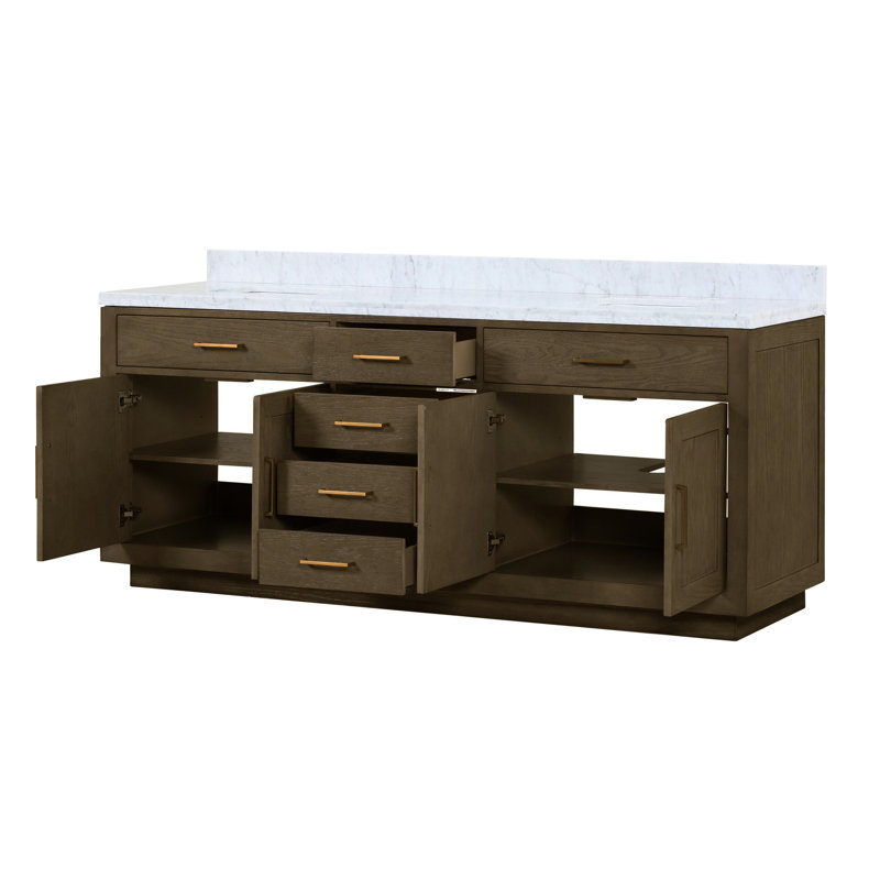 84 po Meuble-lavabo double en chêne gris avec rangement en bois massif et en largeur, largeur x 22 profondeur, construction à assemblage rapide, aspect utilisé