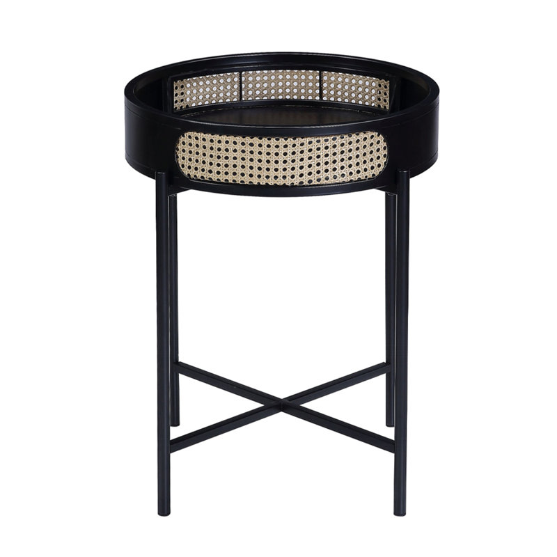 Round End Table With Open Top And Metal Legs In Black Finish