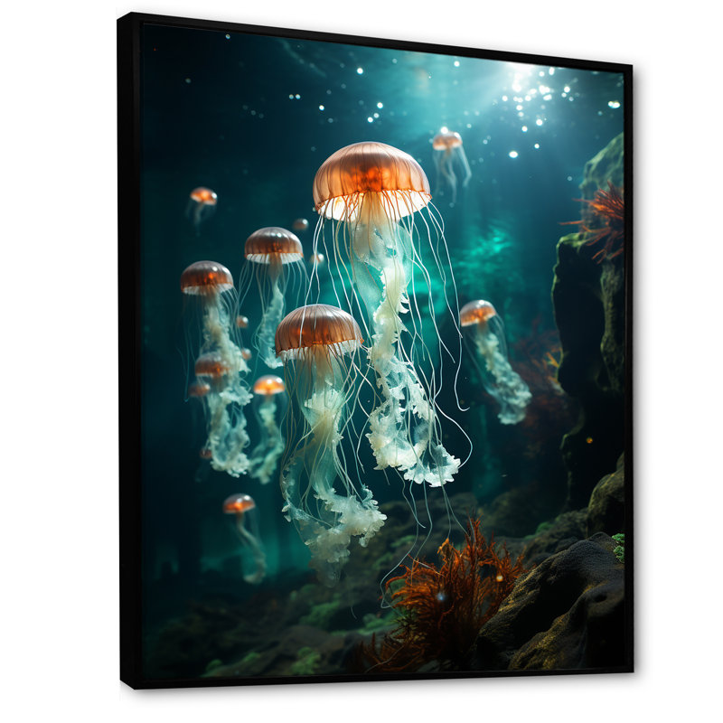 «Green Jellyfish Family» sur toile, H 32 po x l 16 po x P 1 po, Cadre flottant noir